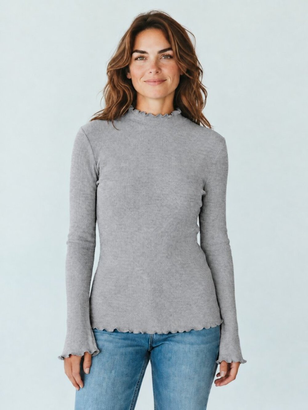Chelsea & Theodore Gray Ruffle Mock Neck Sweater M Romantic Feminine Coquette